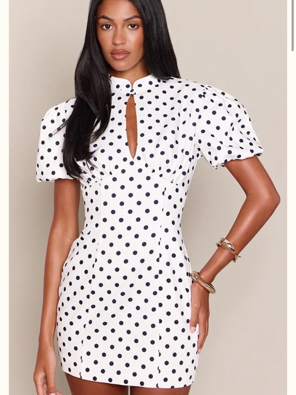 POLKA DOT WOVEN PUFF SLEEVE KEYHOLE MINI DRESS